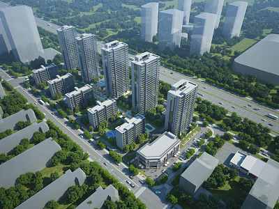 Aerial Planning of Contemporary Urban District With High Rise Buildings Roads and Green Spaces 3d model