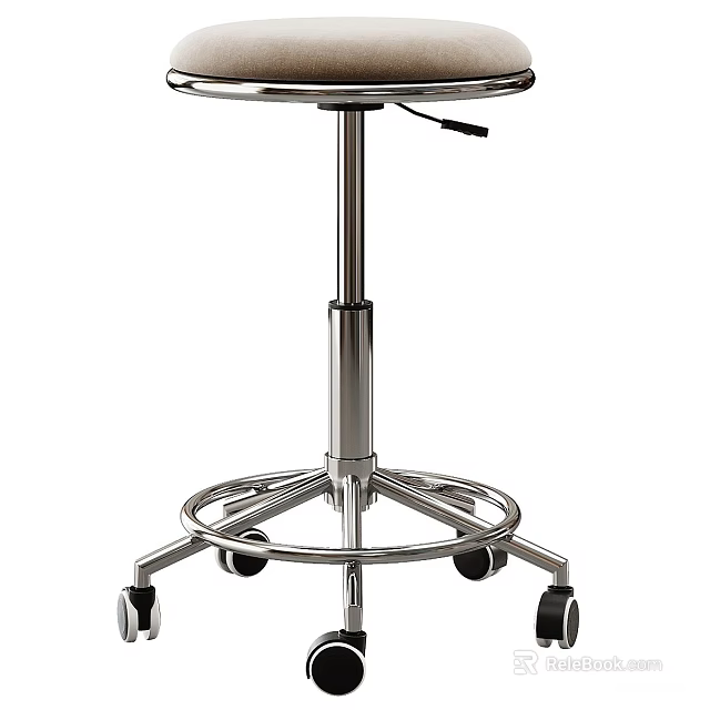 Silver Adjustable Metal Stool With Round Seat And Rolling Wheels Base 3d model 