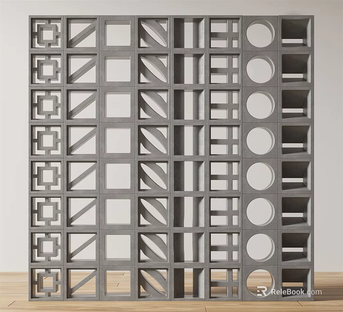 Modern Gray Room Divider With Geometric Square And Circular Cutout Patterns 3d model