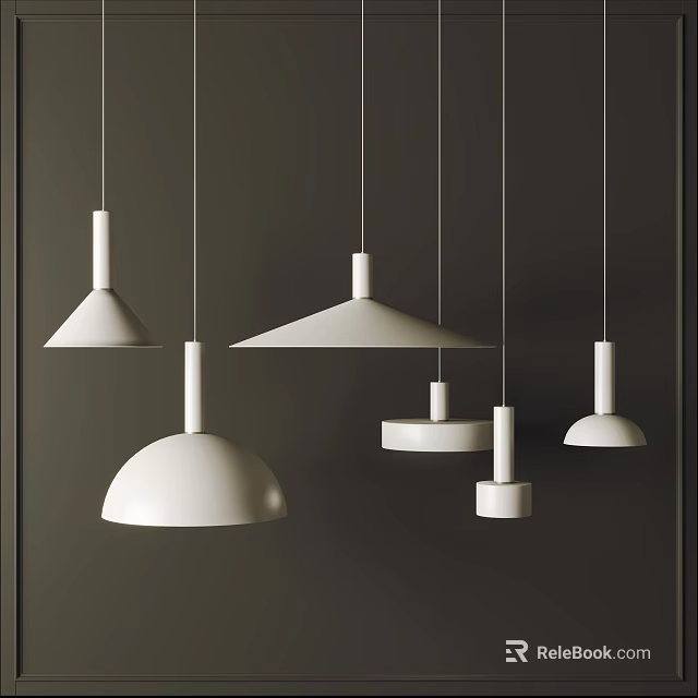 Modern White Pendant Lights with Different Designs Hanging on Dark Background 3d model