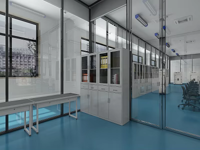 Modern Laboratory Interior With Blue Flooring Glass Partitions White Cabinets And Long Tables 3d model
