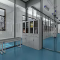 Modern Laboratory Interior With Blue Flooring Glass Partitions White Cabinets And Long Tables