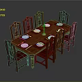Wooden Carved Dining Table Set With Eight Chairs Red Cushions And White Plates