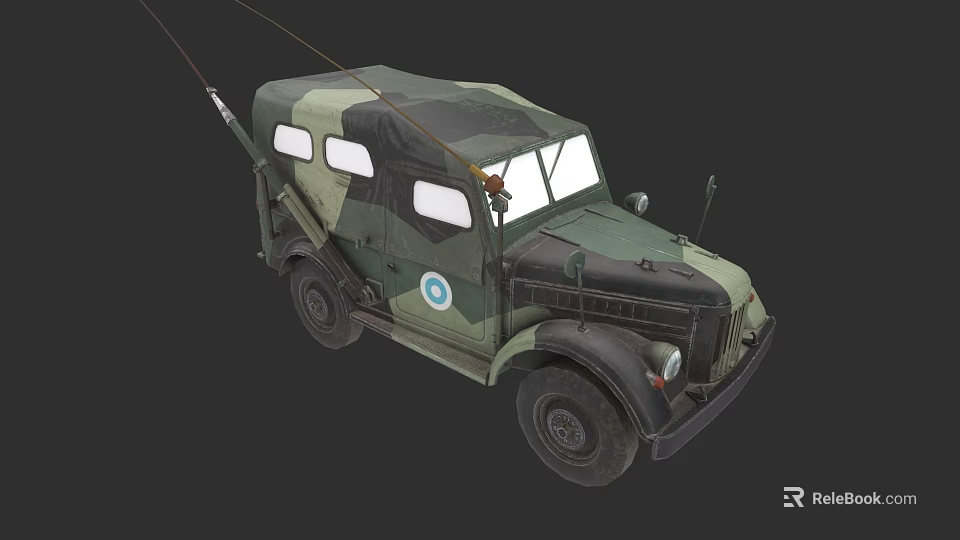 Vintage Military Truck With Camouflage Paint Blue Circle Logo And Roof Antenna 3d model 