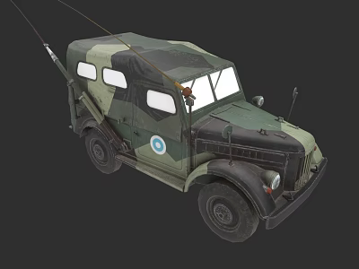 Vintage Military Truck With Camouflage Paint Blue Circle Logo And Roof Antenna 3d model