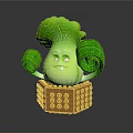 Cute Green Leafy Vegetable With A Face And Curly Leaves Placed In Orange Block Container