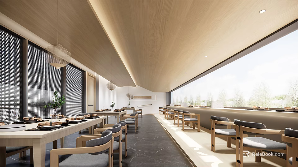 Modern Restaurant Interior With Wooden Ceiling Large Windows Dining Tables And Chairs 3d model 