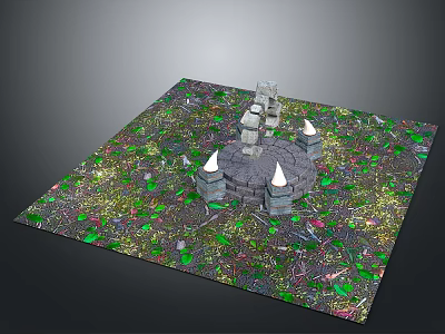 Stone Circular Platform With Spire Towers And Small Stones In Colorful Textured Vegetation Scene 3d model