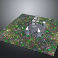 Stone Circular Platform With Spire Towers And Small Stones In Colorful Textured Vegetation Scene
