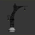 Ornate Wrought Iron Street Lamp With White Stone Base And Decorative Patterns