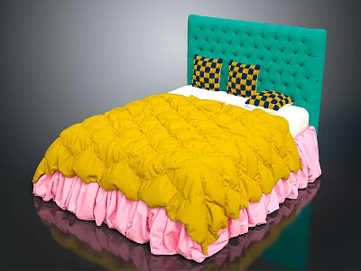 Stylish Bed Furniture With Green Tufted Headboard Yellow Comforter Pink Ruffled Skirt And Checkered Pillows 3d model