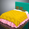 Stylish Bed Furniture With Green Tufted Headboard Yellow Comforter Pink Ruffled Skirt And Checkered Pillows