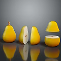 Yellow Pears in Whole Halved and Quartered Cuts on Reflective Black Surface