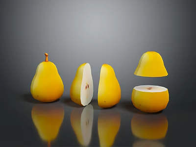 Yellow Pears in Whole Halved and Quartered Cuts on Reflective Black Surface 3d model