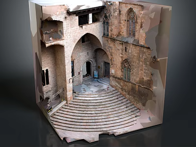 Cartoon Scene Of Ancient Courtyard With Stone Archways Stairs And Walls 3d model