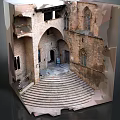 Cartoon Scene Of Ancient Courtyard With Stone Archways Stairs And Walls