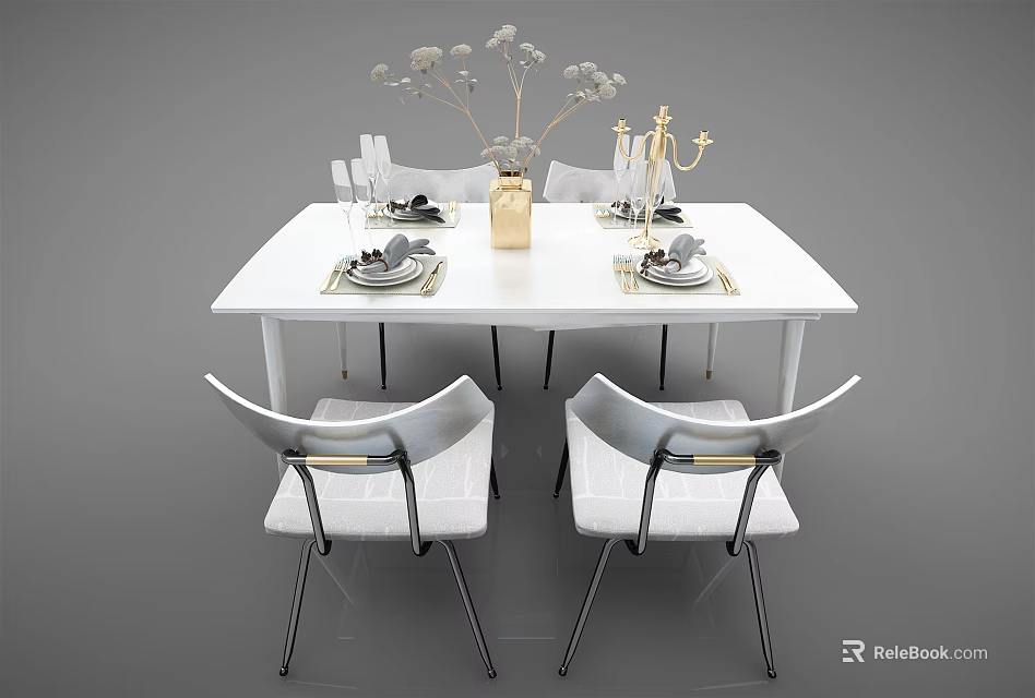 Modern White Dining Table Set With Chairs Tableware And Decorative Vase 3d model