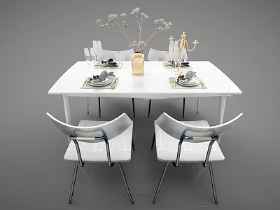Modern White Dining Table Set With Chairs Tableware And Decorative Vase 3d model