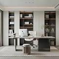 Modern Study Room Interior With Large Windows City View Bookshelves And Desk