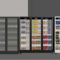 Commercial Glass Door Refrigerators Freezers Stocked with Beverages Canned Goods Black White Models