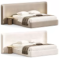 Modern Double Bed With Quilted Mattress Upholstered Headboard Pillows And Bedside Stool