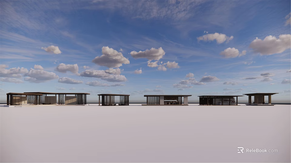 Modern Outdoor Pergola Structures Under Blue Sky With White Clouds 3d model