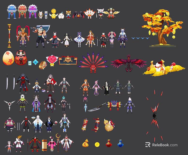 Game and Movie Characters Collection With Various Costumes Weapons And Decorative Items 3d model 