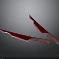 Pair of Red Serrated Bladed Knives With Sharp Edges And Red Handles