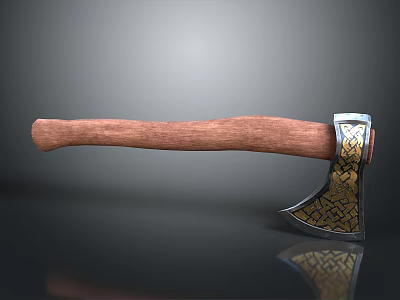 Detailed Axe Design With Wooden Handle And Ornate Metal Head 3d model