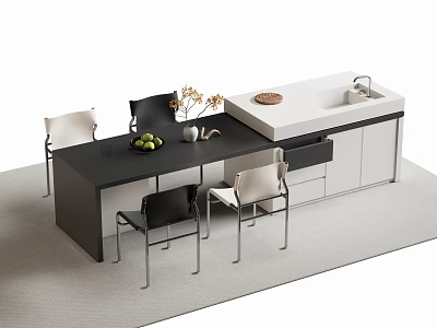 Sleek Modern Bar Counter With Black Top White Cabinets And Dining Chairs 3d model