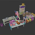 Rustic Country Landscape With Wooden Market Stalls Barrels Baskets And Fruits
