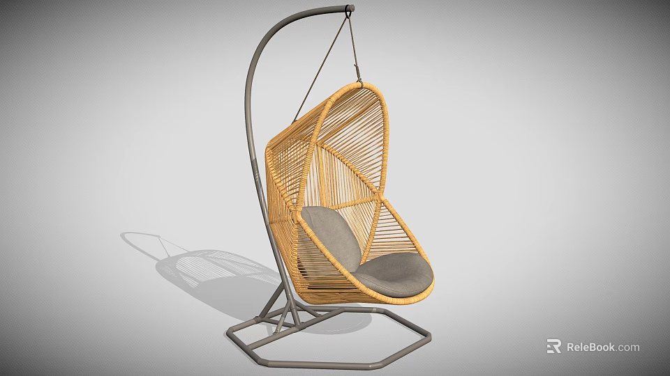 Modern Rattan Hanging Swing Chair With Metal Frame And Gray Cushion 3d model 