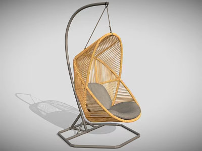 Modern Rattan Hanging Swing Chair With Metal Frame And Gray Cushion 3d model