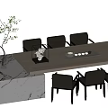 Modern Tea Table and Black Chairs with Tea Set Marble Platform and Small Green Tree 3d model
