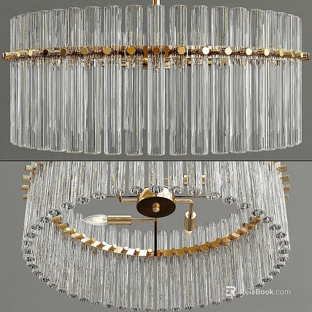 Elegant Modern Crystal Chandelier with Gold Frame and Hanging Pendant Design 3d model 