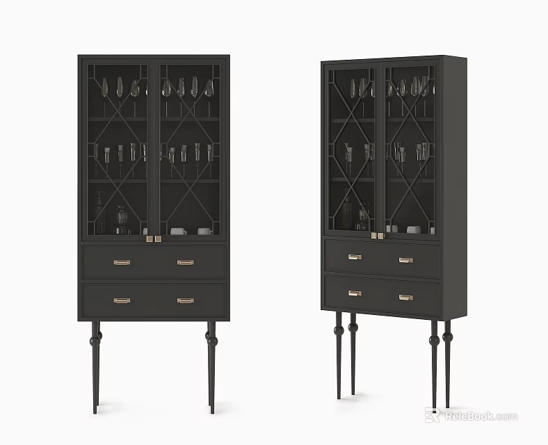 Black Wine Cabinet with Glass Doors Holding Wine Glasses Bottles and Drawers on Slim Legs 3d model 