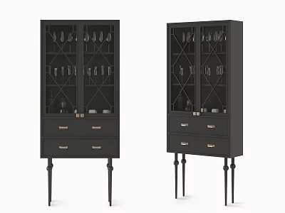 Black Wine Cabinet with Glass Doors Holding Wine Glasses Bottles and Drawers on Slim Legs 3d model