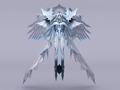 Game Movie Character With White Blue Crystal Wings And Elegant Ethereal Design 3d model