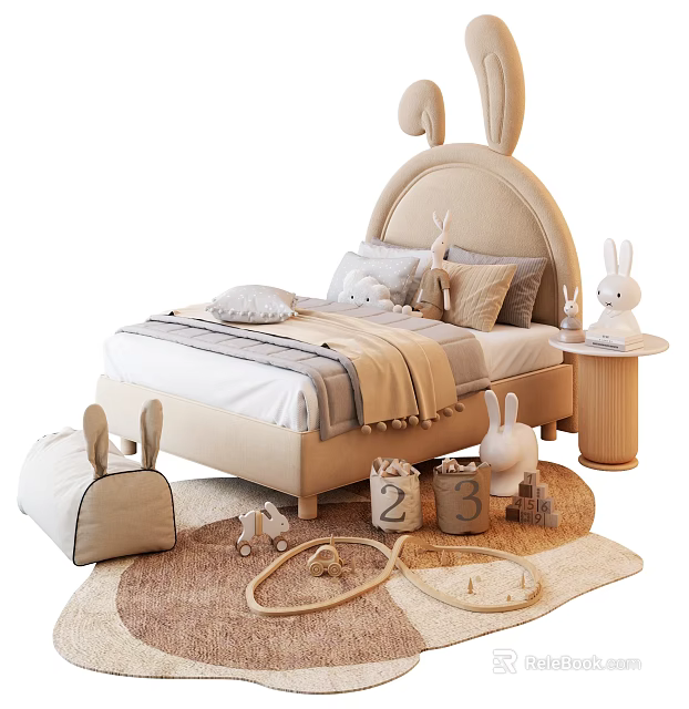 Kids Bed with Bunny Ear Headboard Beige Design Pillows Blanket Rabbit Toys Number Blocks Rug 3d model 