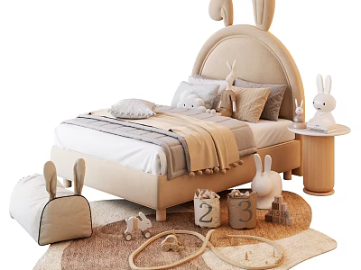 Kids Bed with Bunny Ear Headboard Beige Design Pillows Blanket Rabbit Toys Number Blocks Rug 3d model