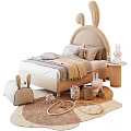 Kids Bed with Bunny Ear Headboard Beige Design Pillows Blanket Rabbit Toys Number Blocks Rug