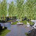 Tranquil Park Landscape With Bamboo Grove Stone Pathway Green Lawn And Decorative Lights