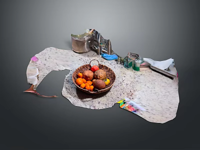 Modern Coffee Table With Patterned Tablecloth And Fruit Basket Decorative Items 3d model