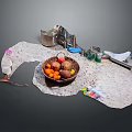 Modern Coffee Table With Patterned Tablecloth And Fruit Basket Decorative Items 3d model