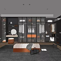 Elegant Walk-in Closet Interior With Dark Wood Cabinets Hanging Clothes Round Mirror And Leather Bench