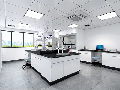 Modern Laboratory Interior Design With White Cabinets Lab Counter Windows And Computer 3d model