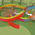 Adventure Playground Equipment With Colorful Curved Slides Wooden Cabin And Green Trees