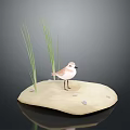 Small Bird Standing On Light Beige Sandy Ground With Green Grass Blades And Dark Background