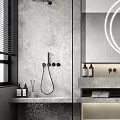 Modern Bathroom Interior With Round Mirror Shower Area Marble Walls Vanity And Rug