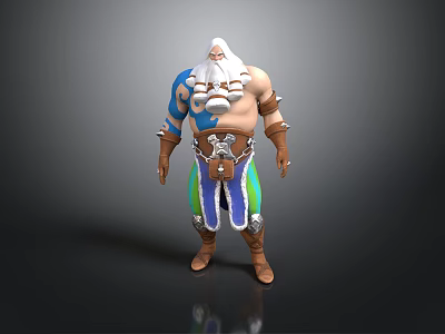 Muscular Man With White Beard Blue Arm Tattoos Decorative Belt Colorful Pants And Brown Boots 3d model